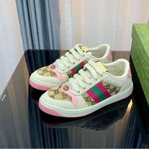 Gucci Cream GG Canvas Sneakers with Pink and Green Accents
